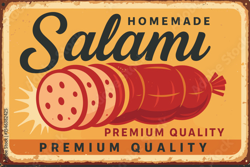 Homemade Salami Vintage Poster - Retro Butcher Shop Sign with Fresh Sausage - Yellow Background Vector Ad