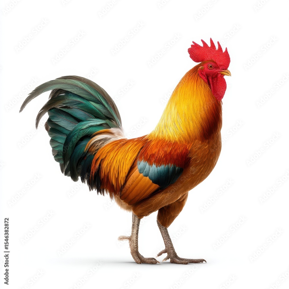 Proud rooster with vibrant plumage displaying its striking features against a blank canvas, standing tall with an air of confidence. Proud rooster with vibrant plumage displaying its striking features against a blank canvas, standing tall with an air of confidence.
