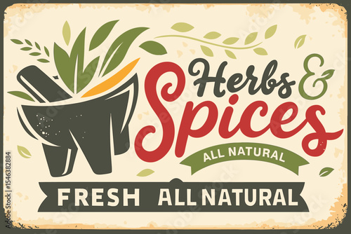 Herbs & Spices Vintage Store Sign - Aromatic Plants Retro Poster with Mortar & Pestle