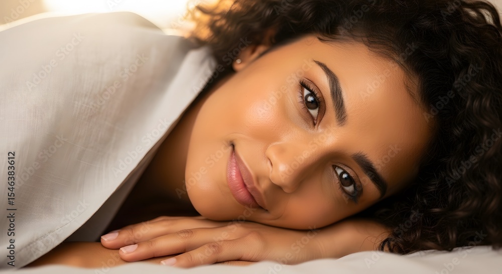 Peaceful Morning: A young woman with curly hair rests peacefully on a bed, her serene expression conveying calm and contentment. The soft sunlight adds warmth to the scene. Peaceful Morning: A young woman with curly hair rests peacefully on a bed, her serene expression conveying calm and contentment. The soft sunlight adds warmth to the scene.