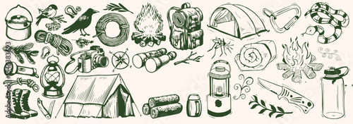 Hand-drawn travel and camping icons set in monochrome style
