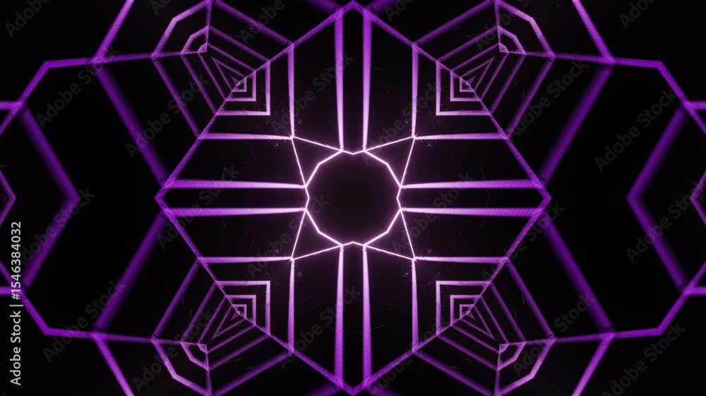 Symmetrical Neon Kaleidoscope Lines Motion Loop. Seamless loop of neon glowing lines forming kaleidoscopic pattern centered in frame