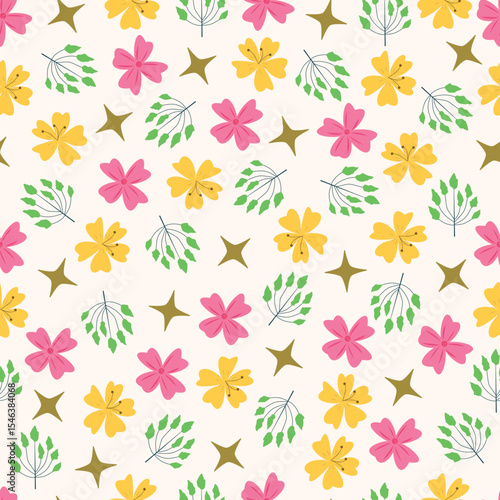Pastel flowers seamless pattern. Floral vector surface design of Scandinavian flowers, leaves and stars