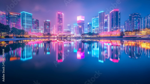 Vibrant night skyline with neon lights reflecting on water