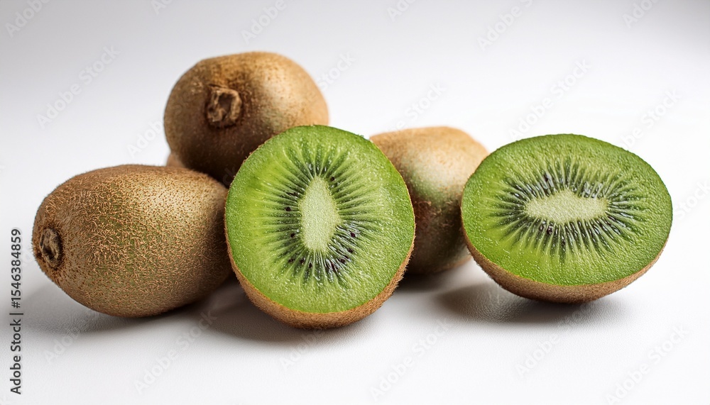 Obraz premium fresh green kiwi fruits with slices displayed on white background healthy tropical snack rich in vitamins nutrients and fiber for diet enthusiasts