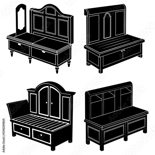 Four different styles of benches with storage and backrests in black and white illustration style