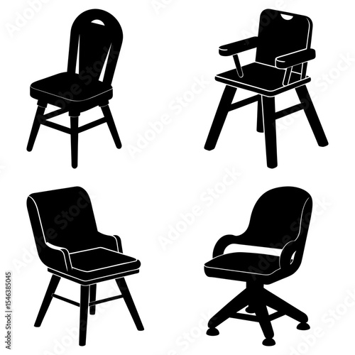 Four different chair styles in black silhouette including a swivel chair and a high chair shown