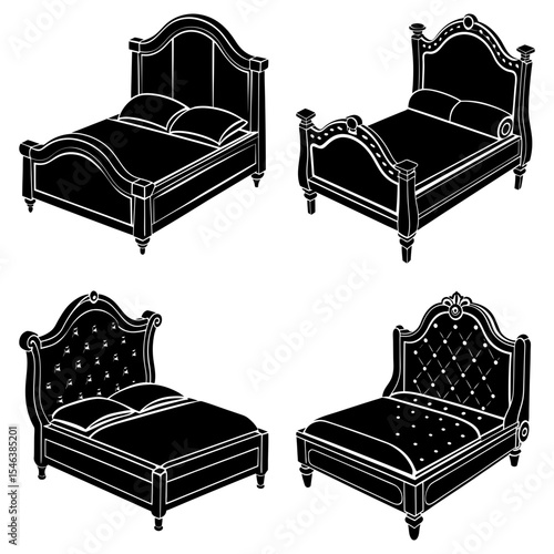 Four different styles of beds with headboards and pillows in black and white illustration