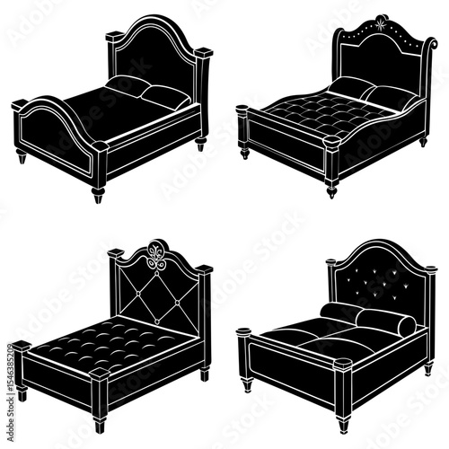 Collection of four different styles of beds with headboards and footboards in black and white
