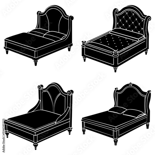 Four different bed designs in black and white showcasing various headboard and frame styles in a grid layout