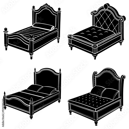Four different styles of beds with headboards and footboards in black and white illustration