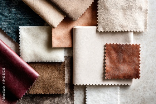 A collection of assorted folded textile samples in neutral colors, showcasing a variety of different colored leathers.
