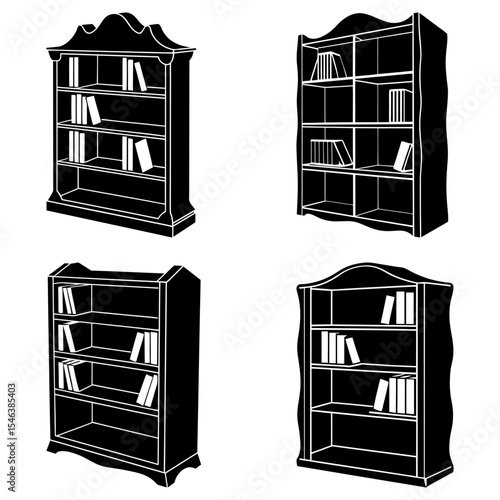 Four different styles of black and white bookshelves filled with books in a simple vector graphic