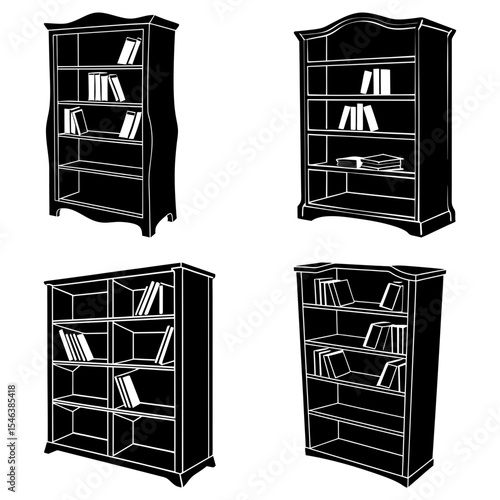 Four black and white silhouette illustrations of bookshelves with books on the shelves inside of them