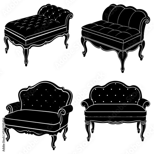 Four different styles of ornate black furniture including chaise lounge and loveseat designs shown
