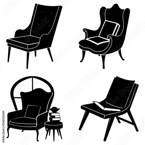 Four silhouette chairs with differing styles and designs in a black and white composition art piece