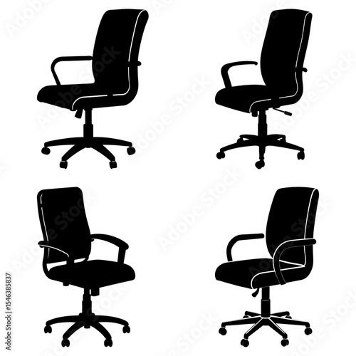 Silhouette illustration of four office chairs with armrests and wheeled bases on a white background