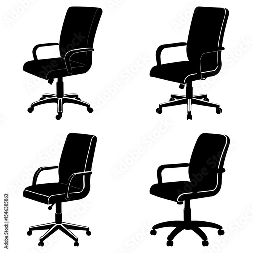 Four black office chairs with armrests and wheels arranged in a square pattern on white background