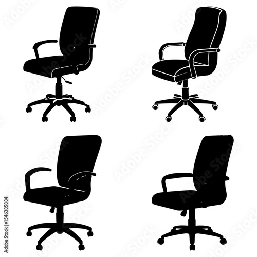 Four different black office chairs with armrests and rolling bases in a square arrangement