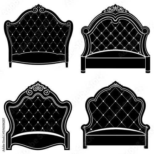 Illustration of four ornate black and white bed frames with tufted headboards and decorative scrollwork designs
