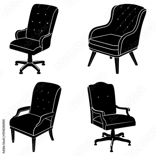 Four different styles of black armchairs with varying designs and bases are displayed here nicely
