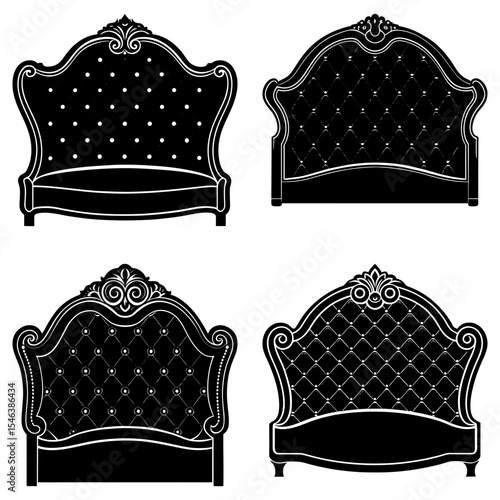 Collection of four ornate bed headboards in black and white silhouette style illustration art design