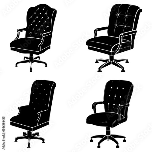Four different black office chairs with armrests and tufted backs on a white background in silhouette style