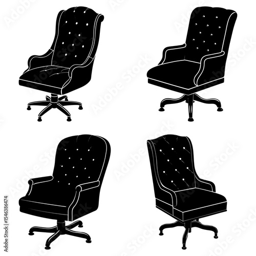 Four black and white illustrations of tufted office chairs with swivel bases and armrests shown