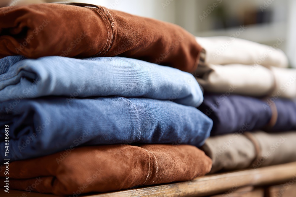 A stack of neatly folded jeans in various shades of blue and grey, showcasing different styles and textures. A stack of neatly folded jeans in various shades of blue and grey, showcasing different styles and textures.