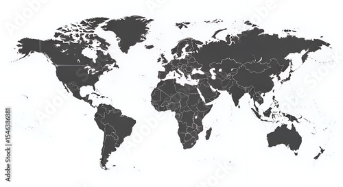 Dark Gray World Map on White Background Showing Continents
