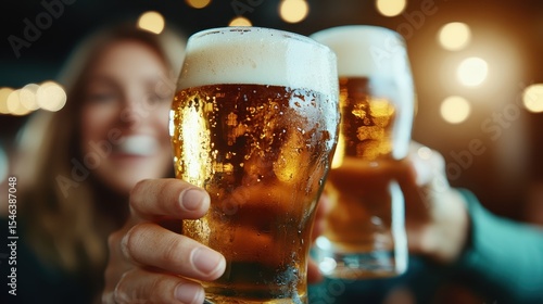 Two friends joyfully toast with frosty glasses of beer against a blurred festive backdrop, capturing the essence of celebration, camaraderie, and good times.
