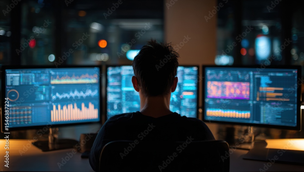 Immersed in the Digital Realm: A lone programmer meticulously analyzes complex data streams on three large monitors Immersed in the Digital Realm: A lone programmer meticulously analyzes complex data streams on three large monitors
