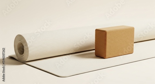 Rolled beige yoga mat with cork yoga block on neutral background