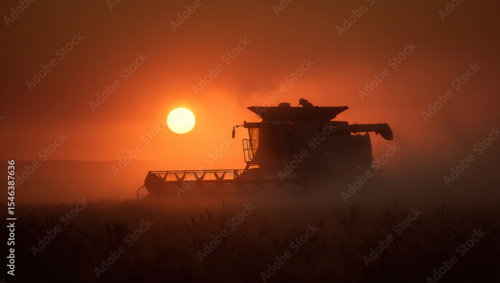 Fototapeta premium Majestic Sunset Silhouette Of A Modern Combine Harvester Working Tirelessly In A Vast Golden Wheat Field During The Harvest Season