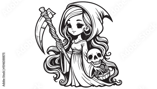 Vector illustration of cartoon Grim reaper black and white drawing For children to learn to color according to the picture.
