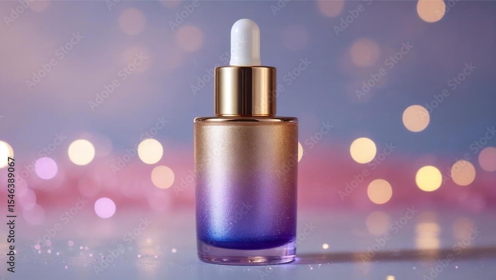 Illuminating serum bottle with dropper on bokeh background Illuminating serum bottle with dropper on bokeh background