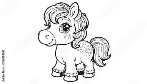 Vector illustration of cartoon horse black and white drawing For children to learn to color according to the picture.
