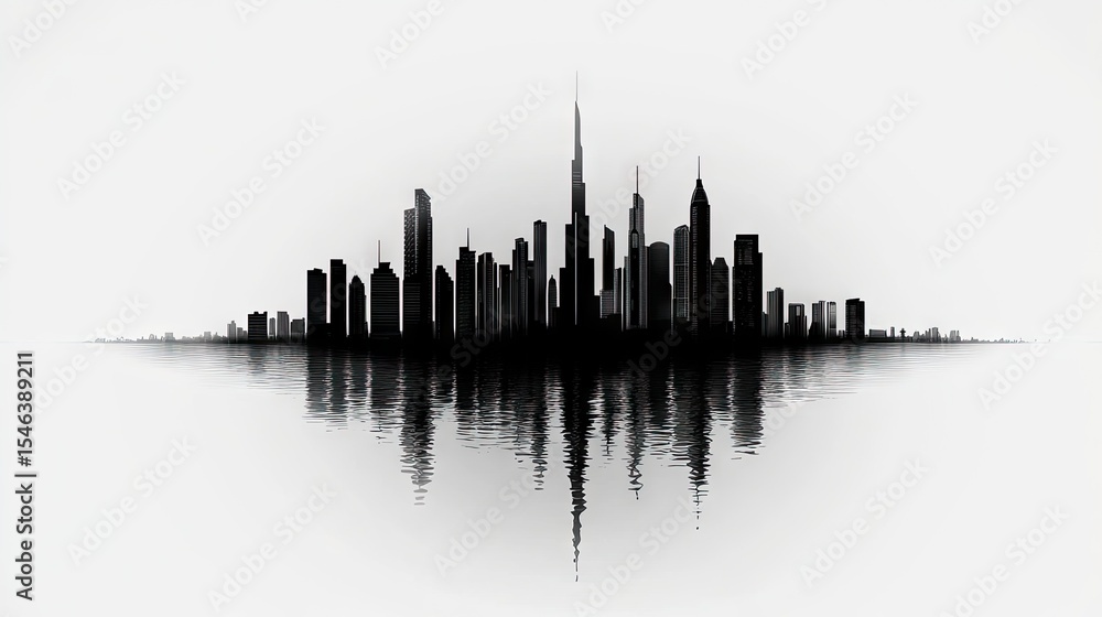 Naklejka premium Silhouette of a modern city reflected in water.