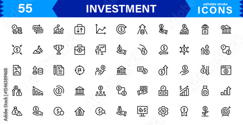 Investment Icon Set Representing Finance, Stocks, Market, Growth, and Risk Management in a Professional, Simple, and Download-Ready Vector Style
