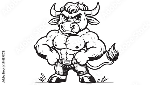 Vector illustration of cartoon angry bull black and white drawing For children to learn to color according to the picture.
