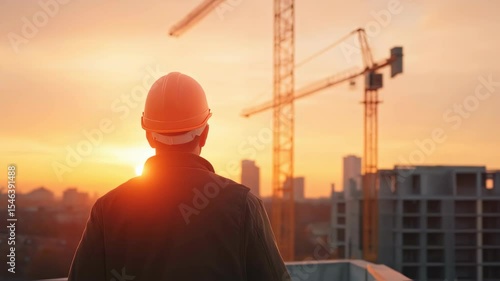 Construction worker in safety helmet looking at crane on building site during golden sunset. Urban development, engineering and industrial architecture concept