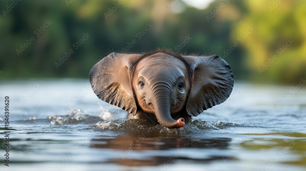 Fototapeta premium A playful baby elephant splashes joyfully in the water, showcasing its adorable features and playful spirit, evoking feelings of happiness and affection towards wildlife.