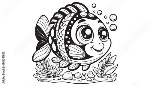 Vector illustration of cartoon fish black and white drawing For children to learn to color according to the picture.
