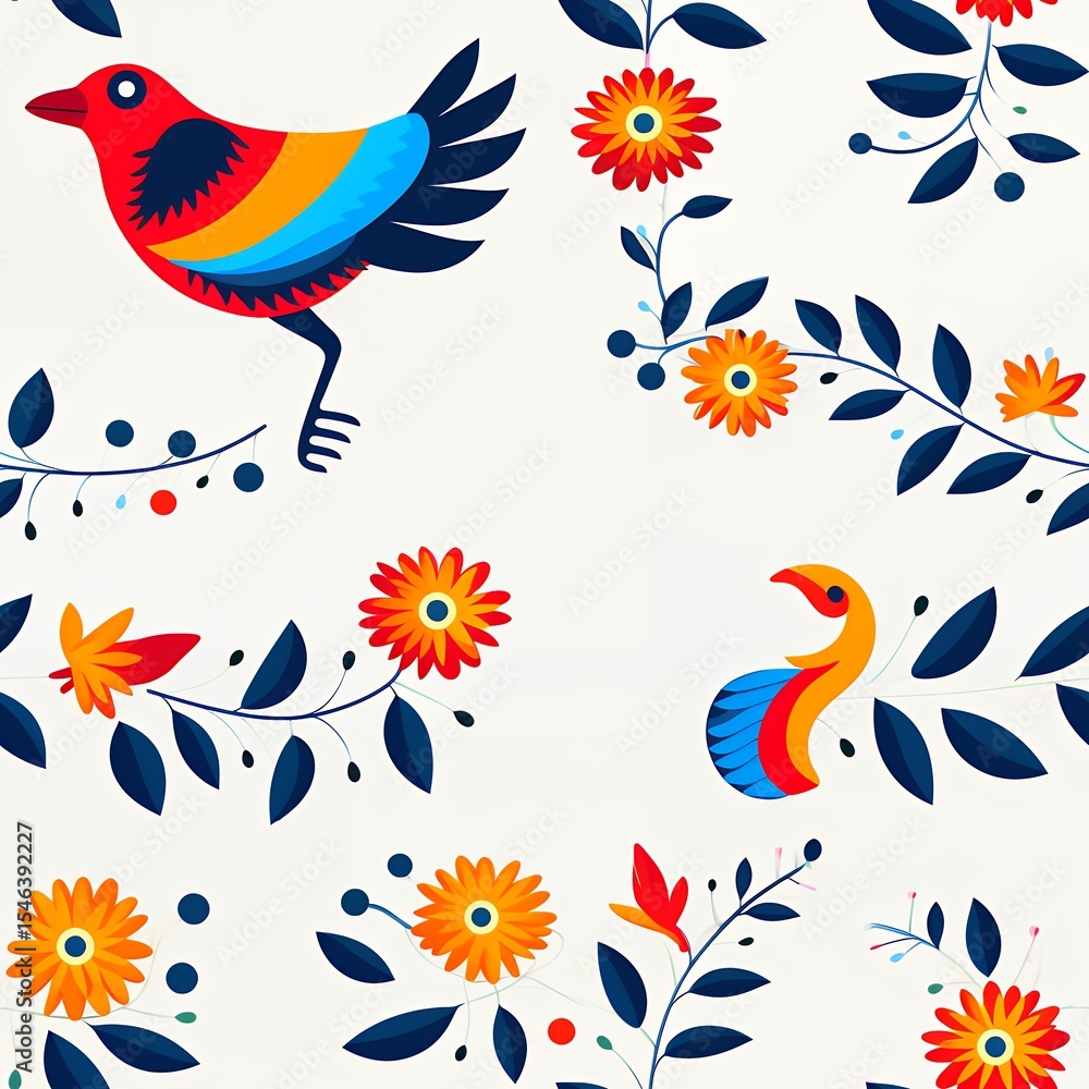 Obraz premium Vibrant Bird and Floral Pattern Design in Red Orange Blue and Yellow