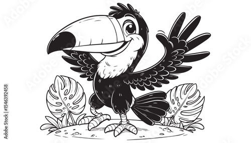 Vector illustration of cartoon Toucans bird waving wing greeting black and white drawing For children to learn to color according to the picture.
