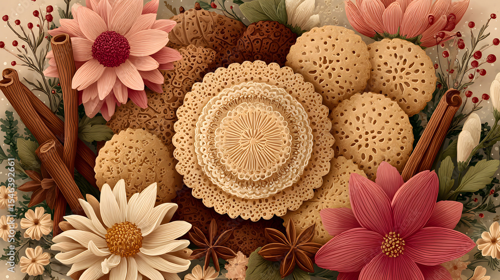 An artistic and playful bohemian flat illustration for National Cookie Day, showcasing a delightful spread of cookies arranged in a mandala-like pattern, surrounded by cinnamon sticks, vanilla flowers An artistic and playful bohemian flat illustration for National Cookie Day, showcasing a delightful spread of cookies arranged in a mandala-like pattern, surrounded by cinnamon sticks, vanilla flowers