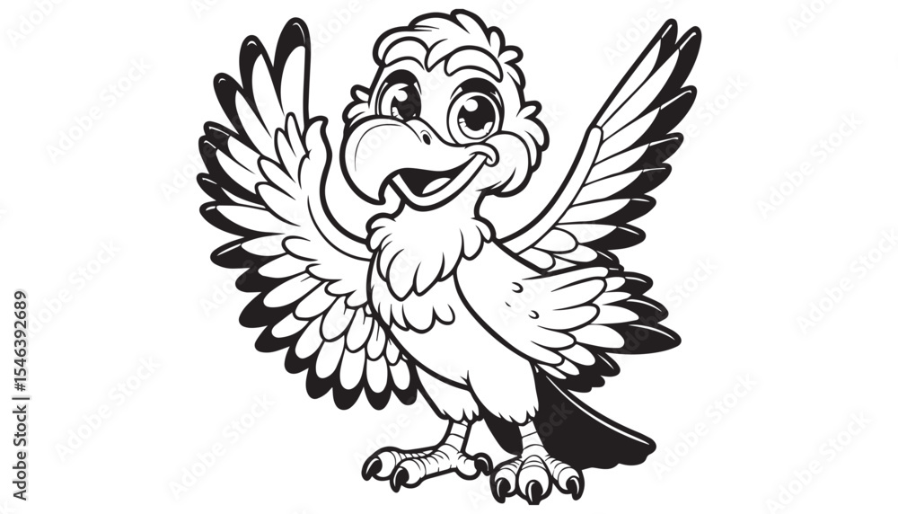 Fototapeta premium Vector illustration of cartoon vulture bird waving wing greeting black and white drawing For children to learn to color according to the picture. 