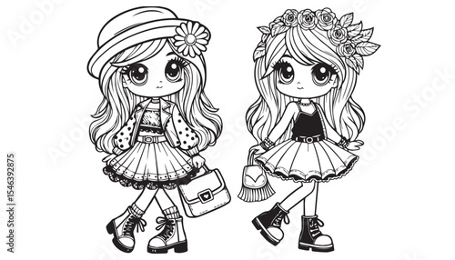 Vector illustration of cartoon fashion girl black and white drawing For children to learn to color according to the picture.
