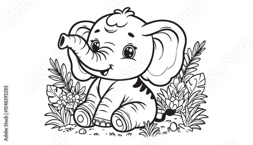 Vector illustration of cartoon elephant black and white drawing For children to learn to color according to the picture.
