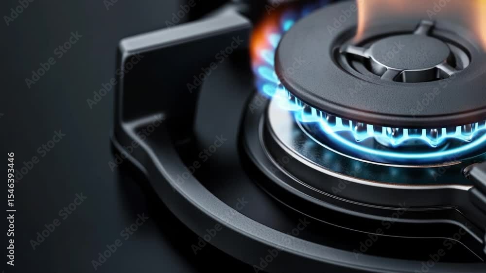 Close-up of a gas stove burner igniting with blue flames, showcasing modern kitchen design Close-up of a gas stove burner igniting with blue flames, showcasing modern kitchen design